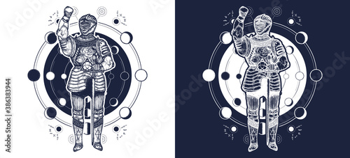 Medieval knight tattoo art. Esoteric symbol ancient war, lunar phases. Alchemical motives, sacred geometry t-shirt design. Black and white vector graphics