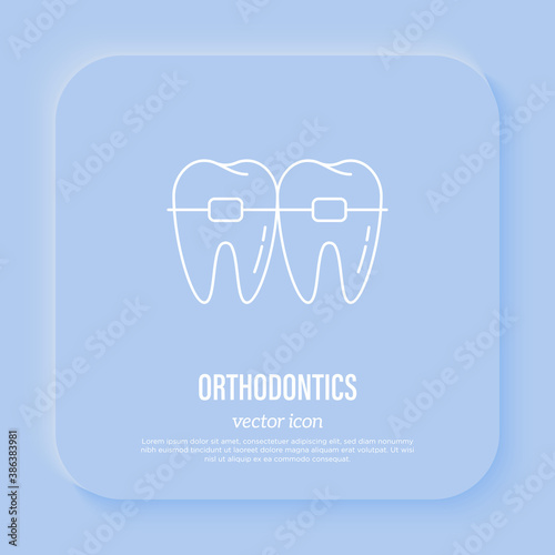 Orthodontics: braces on teeth, tooth correction. Dentistry. Thin line icon, vector illustration.