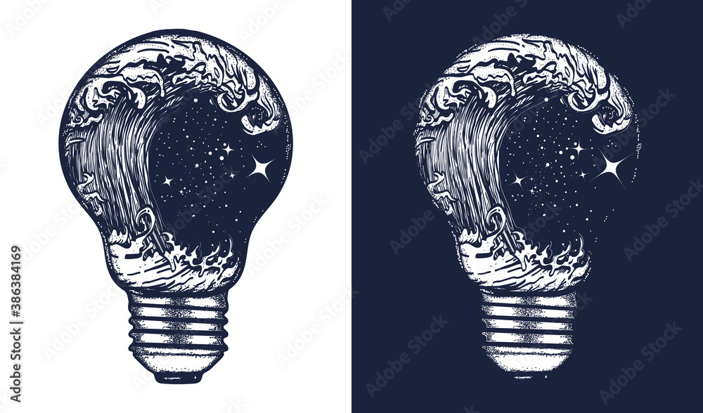 Storm in a light bulb tattoo. Symbol of sea adventure. Great outdoors.  Tsunami waves t-shirt design. Black and white vector graphics Stock Vector  | Adobe Stock