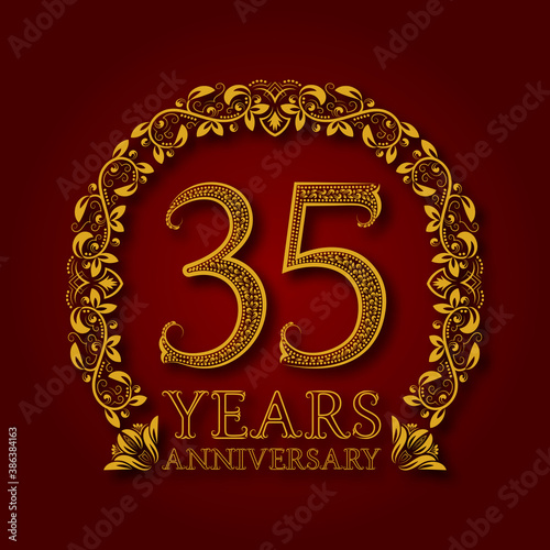 Golden emblem of thirty fifth years anniversary. Celebration patterned logotype with shadow on red.
