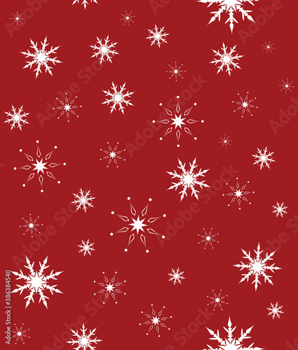 Christmas seamless pattern with snowflakes on red background. Vector illustration for winter holidays.