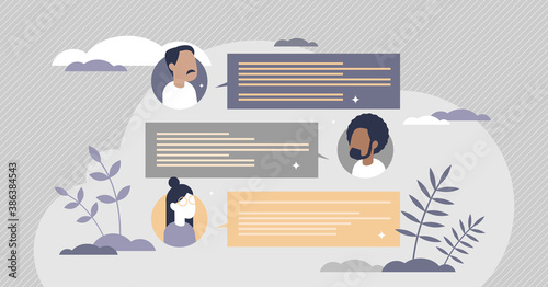 Teamchat as group chat conversation and talking online tiny person concept