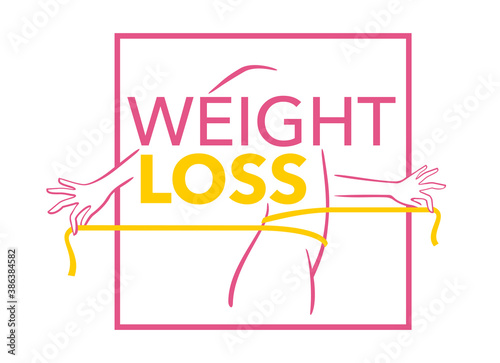 Weight loss concept - dieting program poster (or flyer) in form of abstract woman silhouette (fat and slim figure) with measuring tape around and thin frame