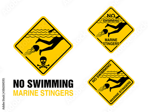 No Swimming - dangerous marine stingers (deadly poisonous jellyfish) warning prohibit sign for beach shore areas
