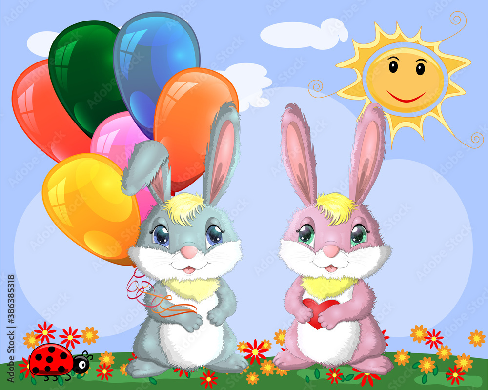 Cute cartoon bunny with an armful of balls and a bunny girlfriend in a meadow near the rainbow. Spring, postcard Cute cartoon bunny with an armful of balls and a bunny girlfriend in a meadow near the rainbow. Spring, postcard