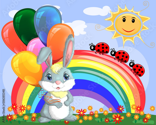 Cute cartoon bunny with an armful of balls on a glade near the rainbow. Spring, postcard