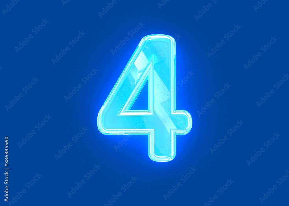 Blue shine neon light glassy transparent alphabet - number 4 isolated on dark blue, 3D illustration of symbols