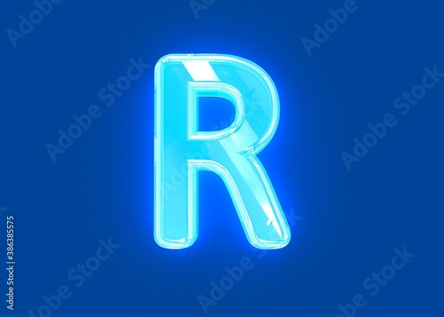 Blue shine neon light glassy crystal alphabet - letter R isolated on dark blue background, 3D illustration of symbols © Dancing Man