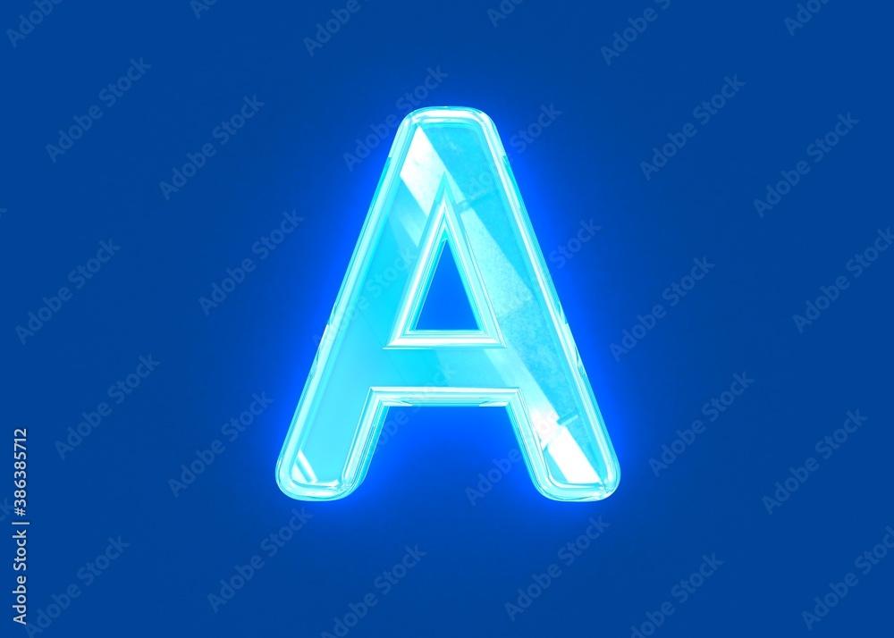 Blue shiny neon light reflective crystal font - letter A isolated on dark blue, 3D illustration of symbols Blue shiny neon light reflective crystal font - letter A isolated on dark blue, 3D illustration of symbols