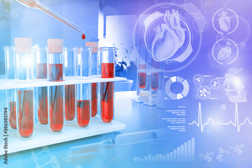 Medical 3D illustration, test-tubes vials in university clinic - blood ...