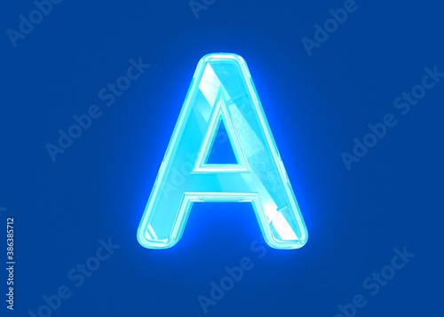 Blue shiny neon light reflective crystal font - letter A isolated on dark blue, 3D illustration of symbols