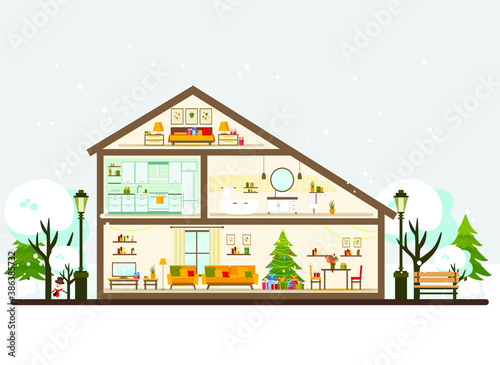 Christmas card with house, furniture, Christmas tree and Christmas decor, winter illustration in flat style