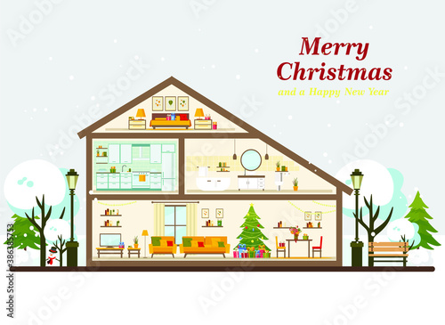 Christmas card with house, furniture, Christmas tree and Christmas decor, winter illustration in flat style