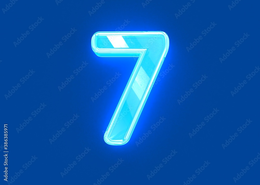 Blue glossy neon light reflective clear alphabet - number 7 isolated on dark blue, 3D illustration of symbols Blue glossy neon light reflective clear alphabet - number 7 isolated on dark blue, 3D illustration of symbols