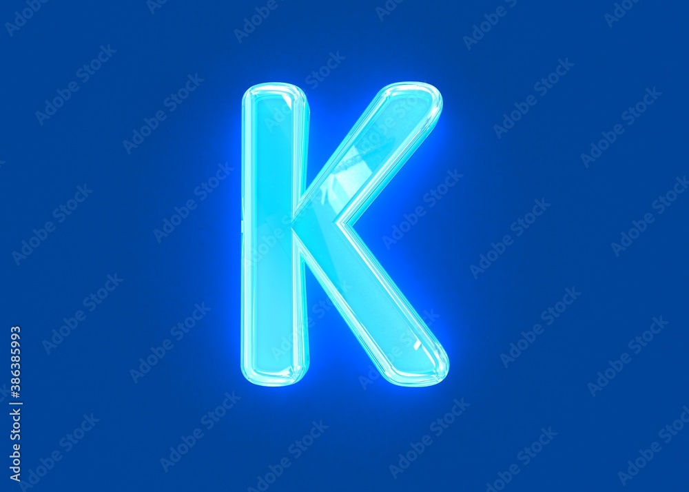 Blue polished neon light reflective clear alphabet - letter K isolated on dark blue background, 3D illustration of symbols Blue polished neon light reflective clear alphabet - letter K isolated on dark blue background, 3D illustration of symbols