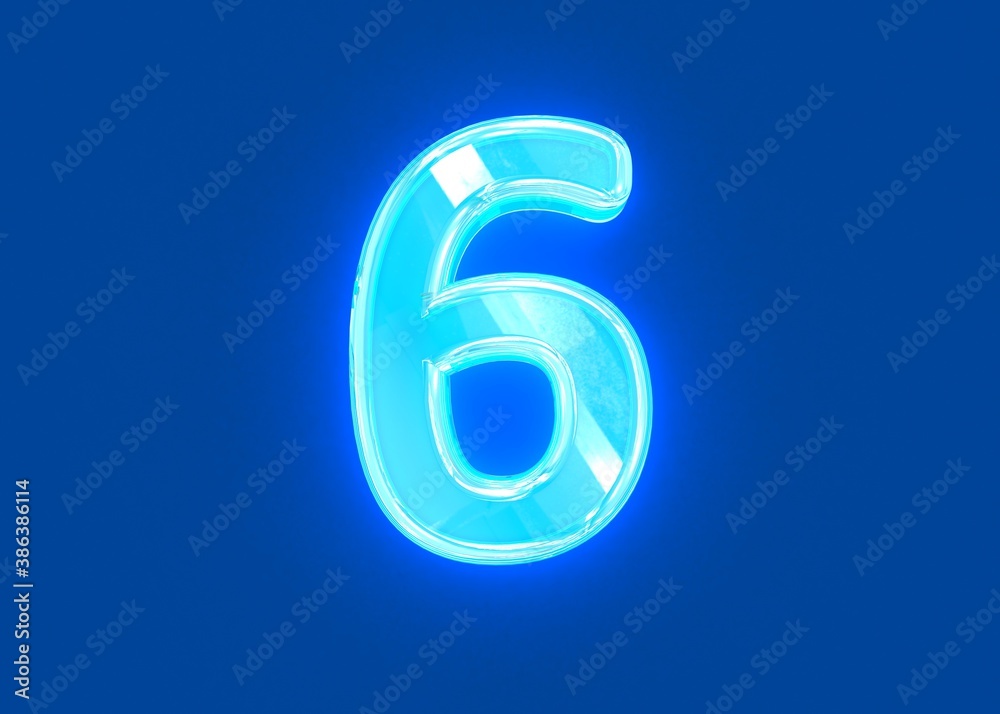 Blue glossy neon light reflective transparent font - number 6 isolated on dark blue background, 3D illustration of symbols Blue glossy neon light reflective transparent font - number 6 isolated on dark blue background, 3D illustration of symbols