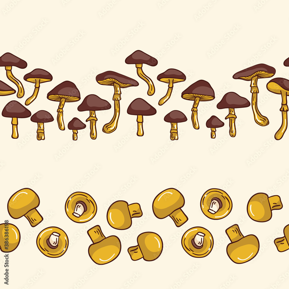 Mushrooms Garden Vector Seamless Horizontal Borders Set Mushrooms Garden Vector Seamless Horizontal Borders Set