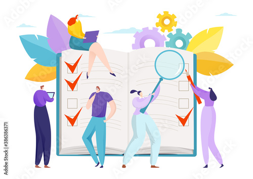 Character complete daily checklist in notebook  check list on paper vector illustration. People planner with flat task to achieve. Manage reminder  to do list for project organization.
