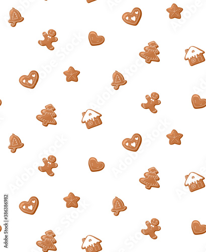Seamless vector pattern with Christmas gingerbread. Cartoon drawing style isolated on white background. New year wallpaper