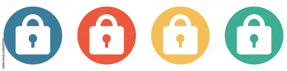 Bunter Banner mit 4 Buttons: Schloss, Sicherheit, Verschlüsselung Bunter Banner mit 4 Buttons: Schloss, Sicherheit, Verschlüsselung