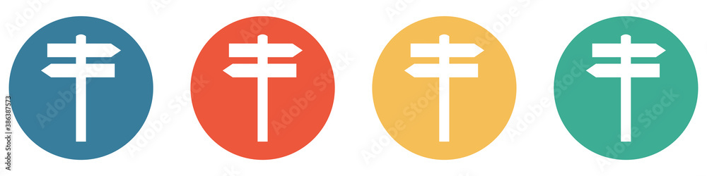 Obraz premium Bunter Banner mit 4 Buttons: Wegweiser, Orientierung, Hinweisschild