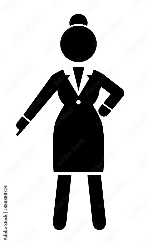 Business lady point with finger down gesture at something. Black and white logo portrait with businesswoman wearing office dress. Web icon isolated female in office suit keep dresscode. Vector avatar Business lady point with finger down gesture at something. Black and white logo portrait with businesswoman wearing office dress. Web icon isolated female in office suit keep dresscode. Vector avatar