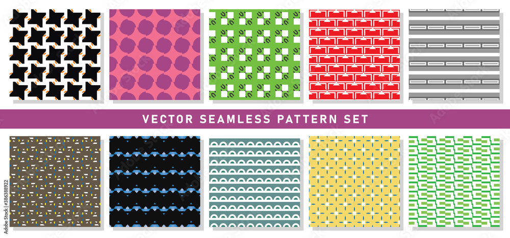 Vector seamless pattern texture background set with geometric shapes in black, orange, red, green, white, grey, brown, blue, yellow colors.