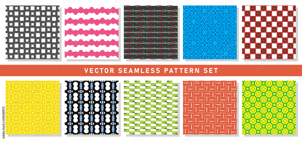 Vector seamless pattern texture background set with geometric shapes in black, white, pink, red, green, blue, red, orange, yellow colors.