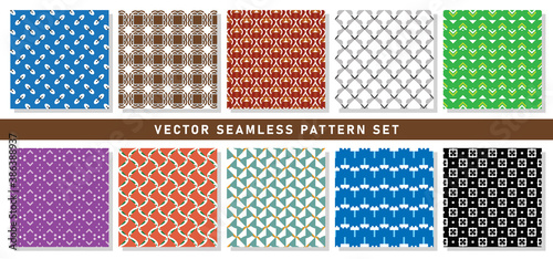 Vector seamless pattern texture background set with geometric shapes in blue, black, brown, grey, red, green, purple, orange, black, white colors.