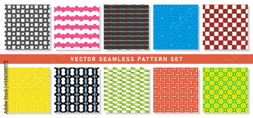 Vector seamless pattern texture background set with geometric shapes in black, white, pink, red, green, blue, red, orange, yellow colors.