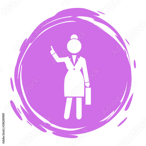 Business lady point with finger up gesture at something. Violet logo portrait with businesswoman wearing office dress. Web icon, isolated female in office suit, keep dresscode. Vector avatar
