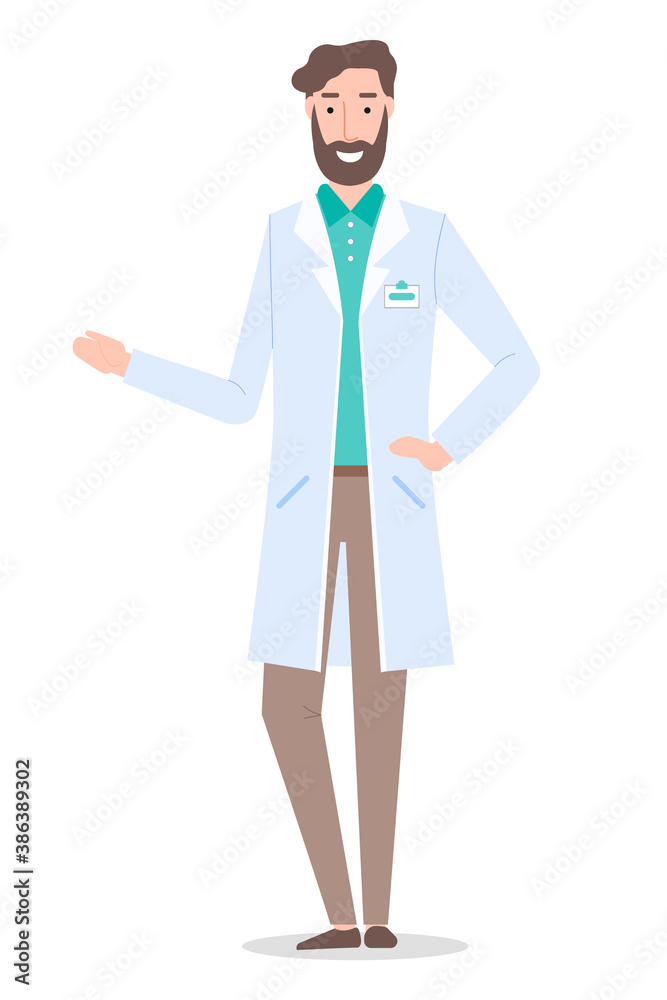 Isolated at white cartoon character. Doctor man or surgeon wearing medical gown. Handsome bearded therapist gesturing hand. Healthcare, medical concept. Physician or medical specialist in flat style Isolated at white cartoon character. Doctor man or surgeon wearing medical gown. Handsome bearded therapist gesturing hand. Healthcare, medical concept. Physician or medical specialist in flat style