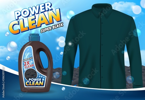 Laundry detergent for black fabric ad. Realistic color shirt, black plastic bottle with label, fiber structure, soap bubbles, vector illustration. Liquid laundry detergent advertising.