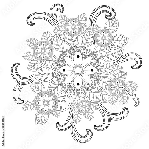 floral mandalaa stylized circular ornament. floral mandala. black-and-white drawing. coloring book for children and adults. page for artbook.