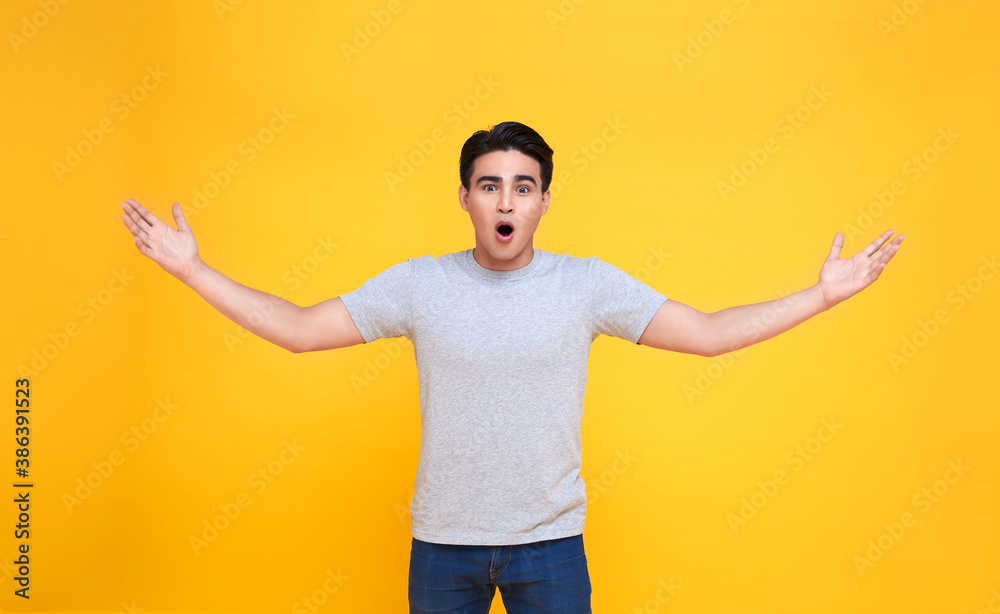 Smile and happy Asian man with open hand gesture. Advertising model concept. Smile and happy Asian man with open hand gesture. Advertising model concept.