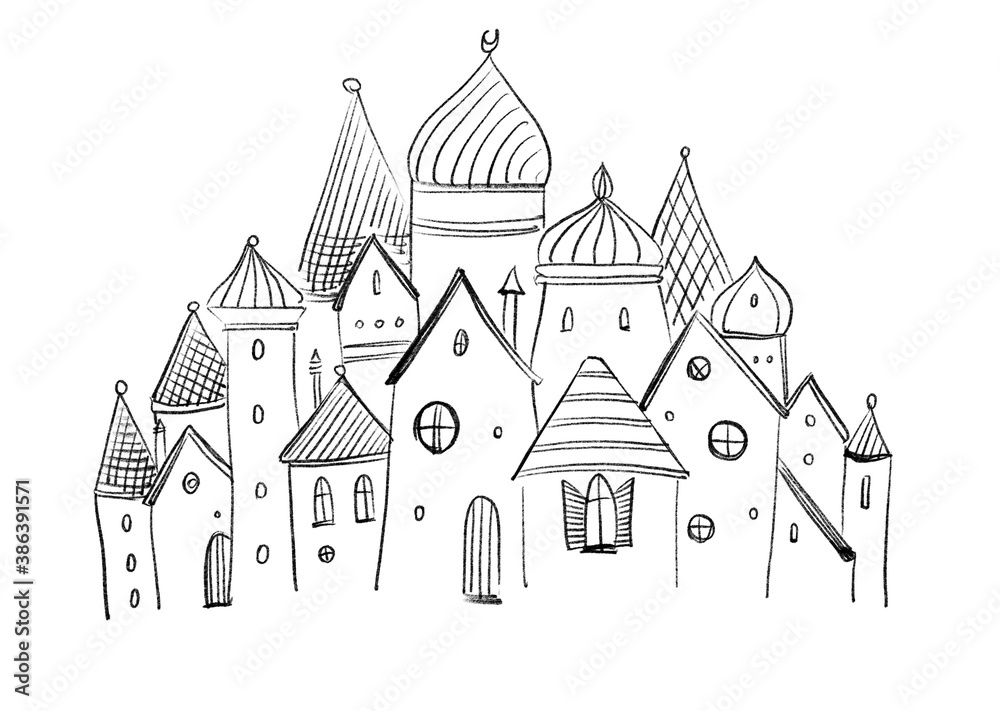 Fantasy fairytale castle - black and white sketch on  white background