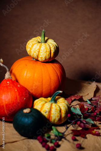 Bright pumpkins on the table on craft paper