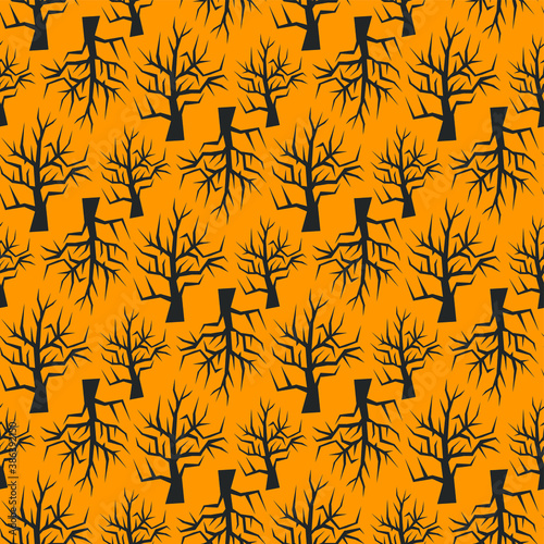 Seamless vector Halloween trees pattern. Repeat background for fabric, textile, cover, wrapping, web etc. 10 eps design. Black and orange wallpaper.