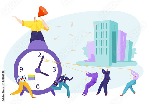 Business time clock concept, businessman and job deadline vector illustration. Time management, man character pull clock by rope. Busy people work near large watch, cartoon career chaos.