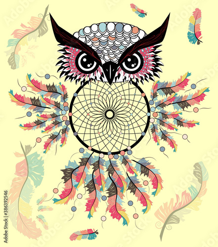 decorative dream catcher in graphic style with owl skull