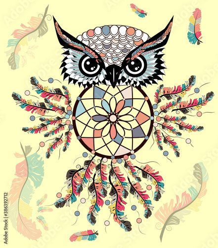 decorative dream catcher in graphic style with owl skull
