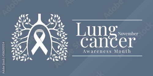 Lung cancer awareness month november banner with white leaf branch tree lung and white ribbon sign vector design