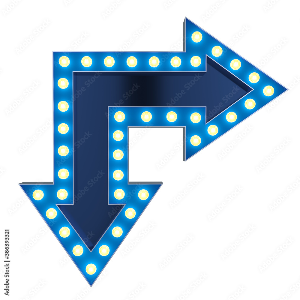 Blue arrow sign with electrical bulbs on white background