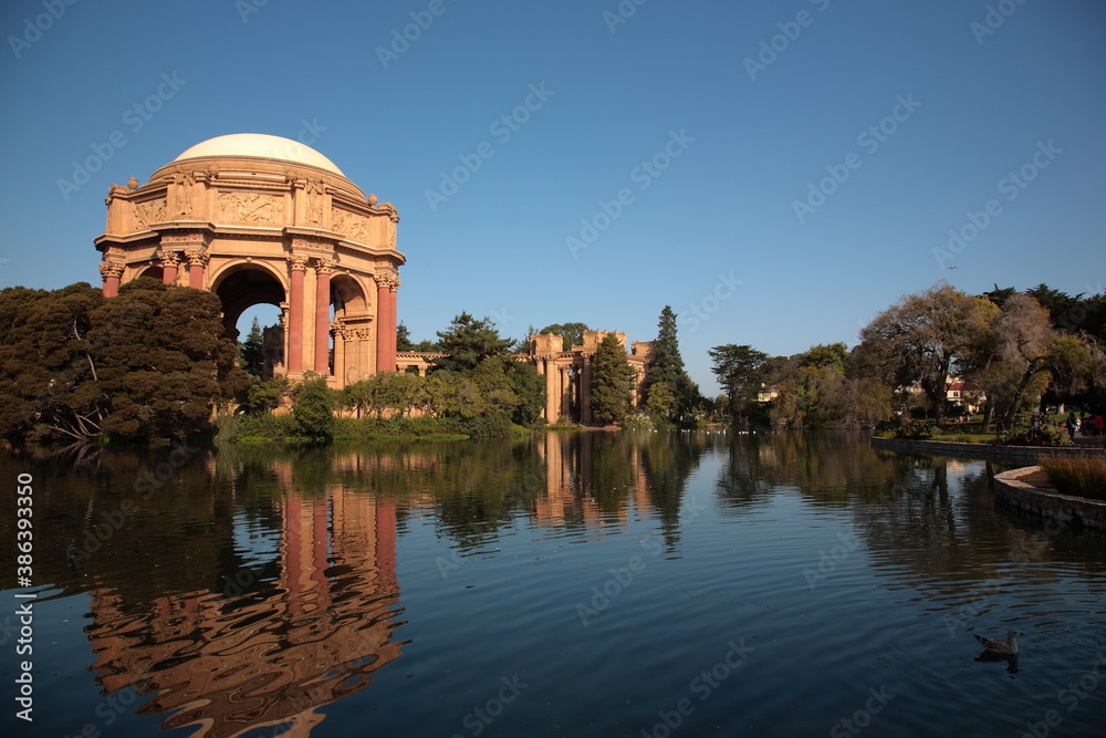 View of Palace of fine arts under blue sky in San Francisco, California, USA