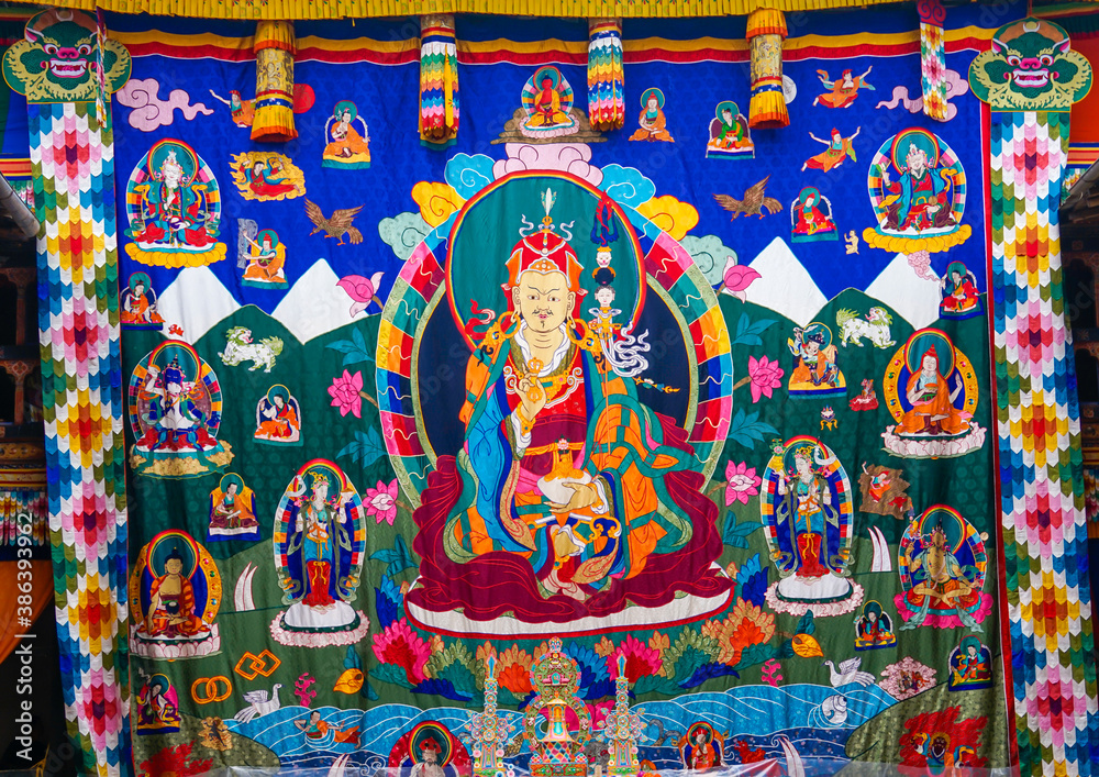 Bhutan in the village of Bumthang,  
beautiful rare holy curtain. A silken Patchwork and embroidery piece, temporary exposed on the yearly festival of Jakar.