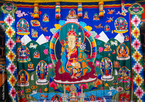 Bhutan in the village of Bumthang, beautiful rare holy curtain. A silken Patchwork and embroidery piece, temporary exposed on the yearly festival of Jakar.
