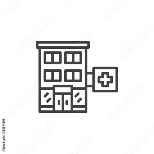 Medical hospital building line icon. linear style sign for mobile concept and web design. Pharmacy building outline vector icon. Symbol, logo illustration. Vector graphics