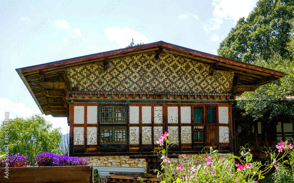 Bhutan, typical traditional houses in the countryside.
