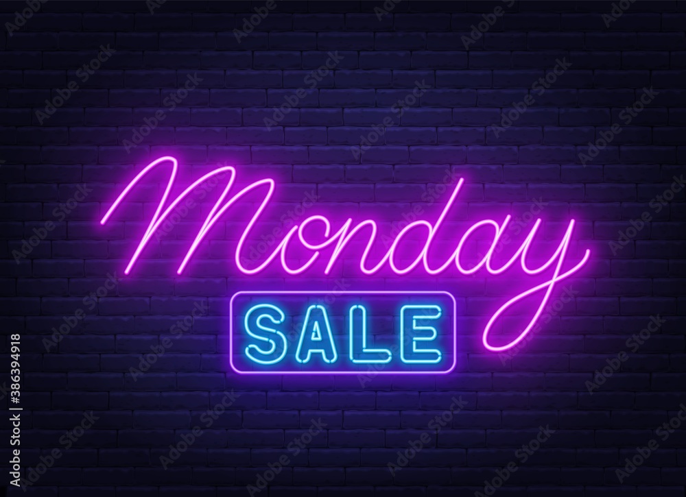 Monday Sale neon sign on brick wall background .