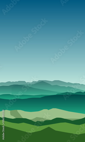 Picture with green hills on a blue sky background